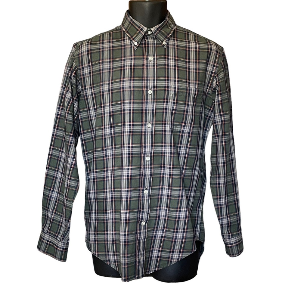 LANDS END Button Down Shirt Tailored Fit Long Sleeve Cotton Green Plaid 15x34